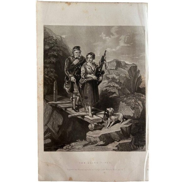 Blind Piper Scottish Bagpipes Engraving 1859 Victorian Highlands Music Art DWY5G - Picture 2 of 2